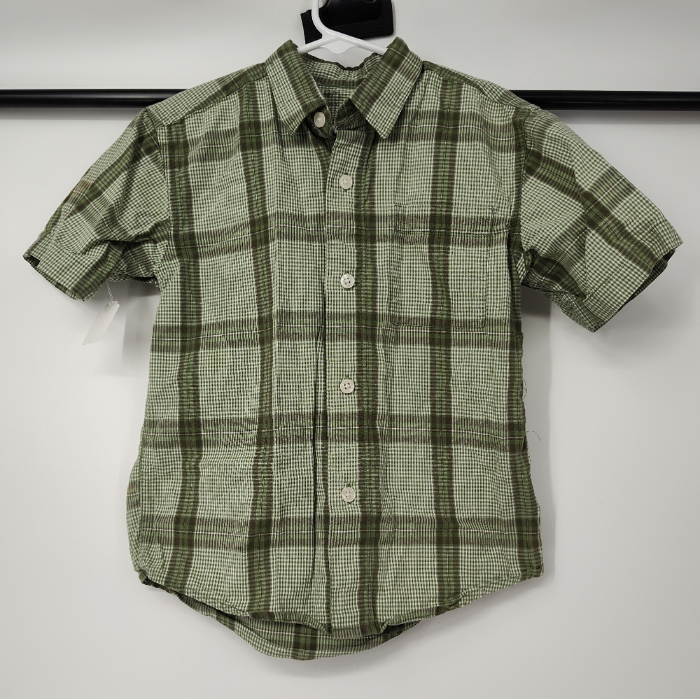 Faded Glory Vintage Wash Kids Green Plaid Button Down Shirt Size XS 4/6